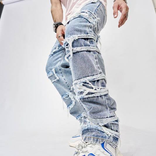 High Street Trousers Man's Pants Full Length Patched Straight Fit Men's Hip Hop Jeans - Clothing Personality