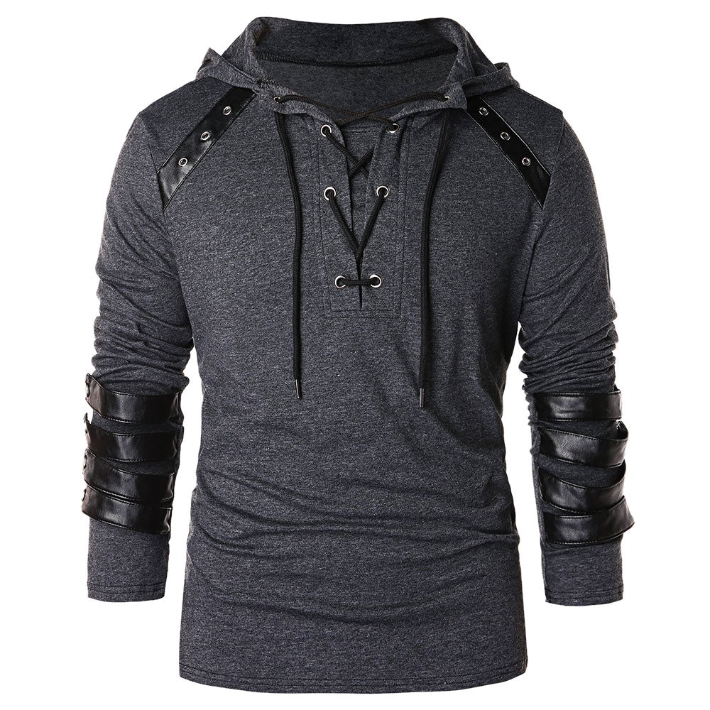 Men's Faux Leather Lace Up Hoodie Long Sleeve Streetwear Retro Steampunk Gothic Vintage Medieval Top Shirt Viking Elven Valhalla Men's Masquerade Party Evening Shirt