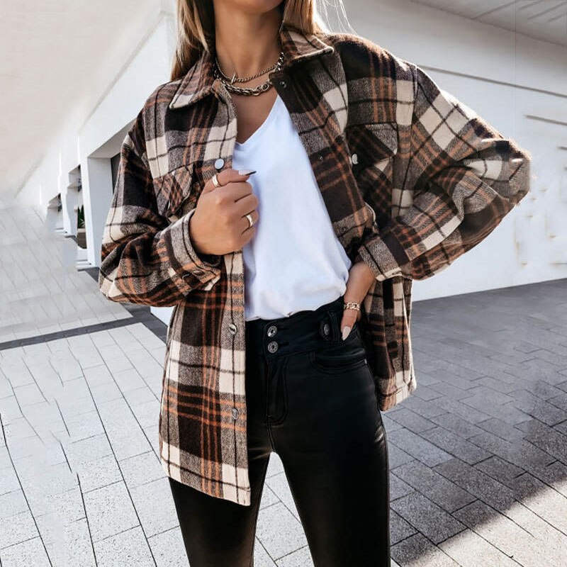 Autumn Long Plaid Shacket Women Shirt Jacket Coat Overshirt Winter Checkered Jacket Female Long Sleeve Shirt Jacket For Women