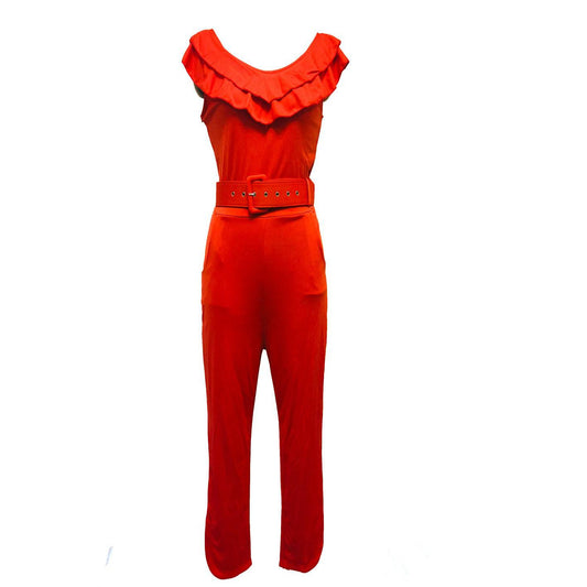 Spring Summer Trending Style Women's Ruffle Jumpsuit With Belt Layered Leg High Waist Slim Cropped Red Matching Set Trousers Clothing Personality