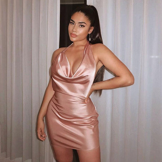 Satin Party Dress V Neck Backless Mini Sleeveless Summer Party Dress - Clothing Personality