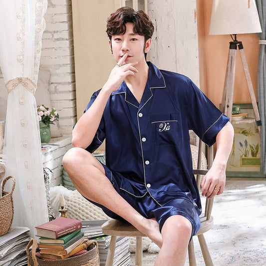 Ice Silk Couple Pajamas Short-sleeved Men And Women V-neck Cardigan Simulation Silk Home Service - Clothing Personality