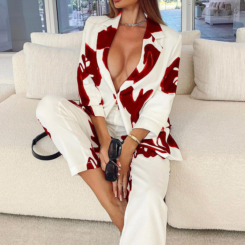 Women's Professional Casual Elegant Business Suit Top Vintage Printed Suit - Clothing Personality