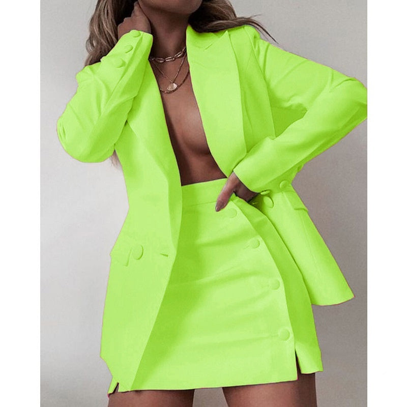 Women's Professional Work Blazer Mini Skirt Solid Color Bold Suit Short Skirt Two-piece Set