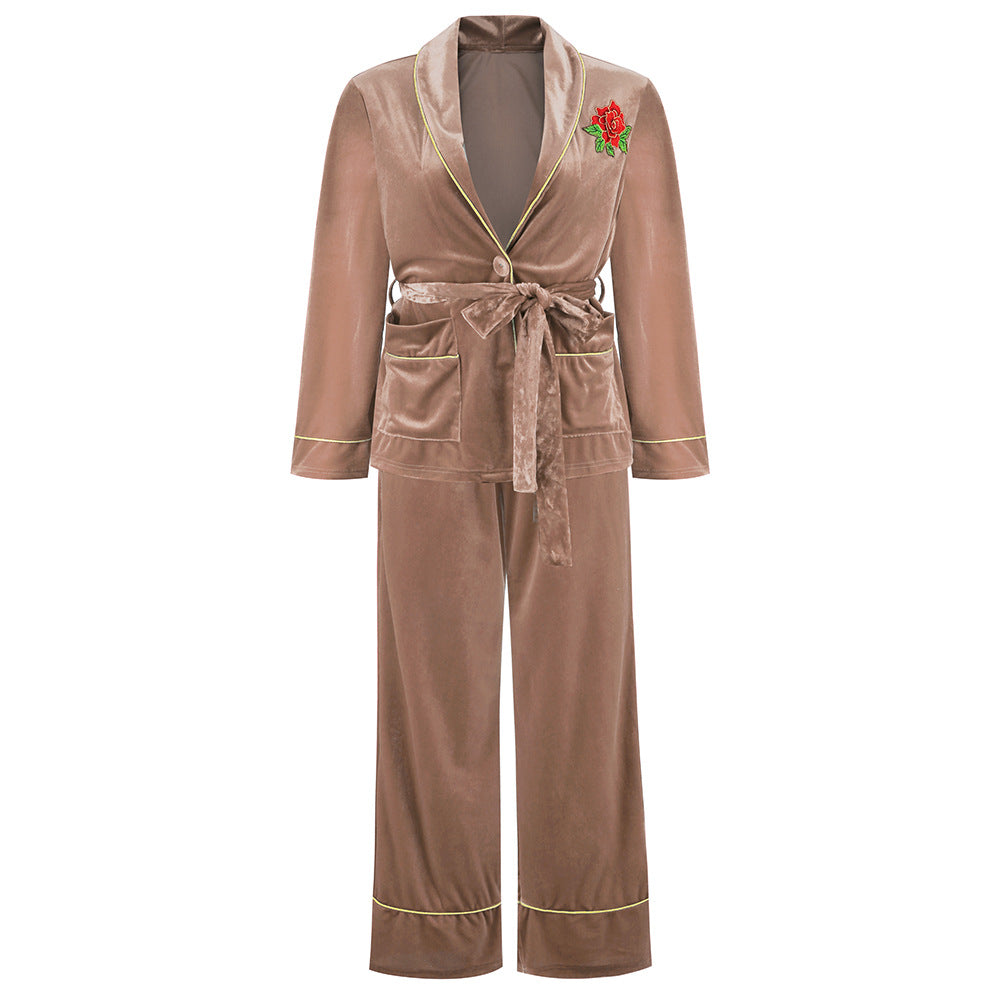 Women's Pajamas Set Korean Velvet Rose Embroidered Gold Pocket Pajama Top and Bottom