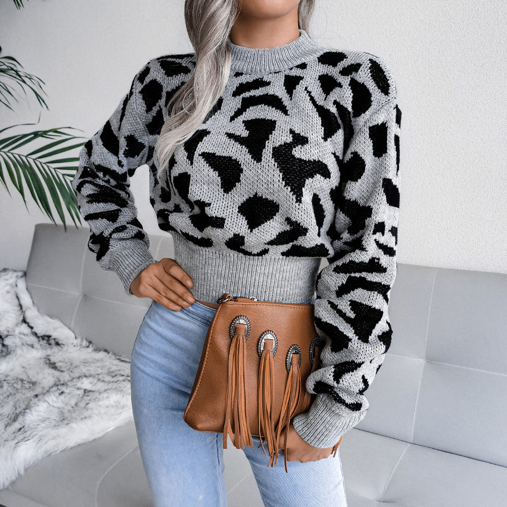 Women's Fall and Winter Casual Leopard Print Waist Knit Open Neck Sweater