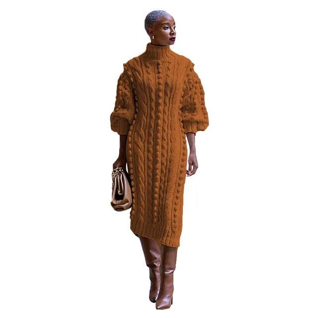 Women's Solid Color Rust Orange Braid Knitted Casual Long Dress Fall Autumn Winter Turtleneck Long Sleeve Side Split Fashion Sweater Dresses Streetwear