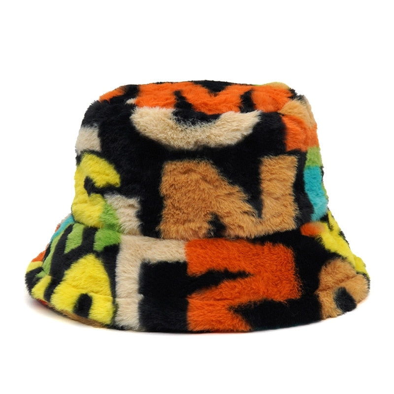 Colorful Unique Autumn Winter Camouflage Faux Fur Bucket Hats Fashion Warm Soft Velvet Fluffy Fisherman Hat Ladies Outdoor Panama