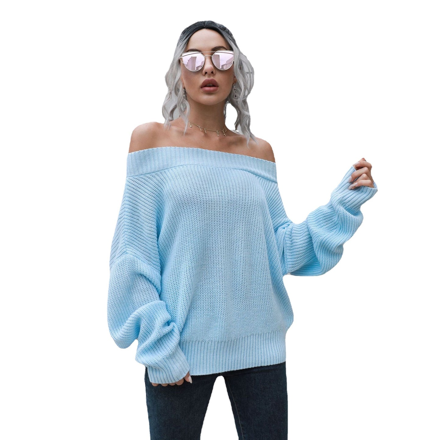 Women's Fall Winter Off Shoulder Knit Sweater Long Sleeve Loose Fit