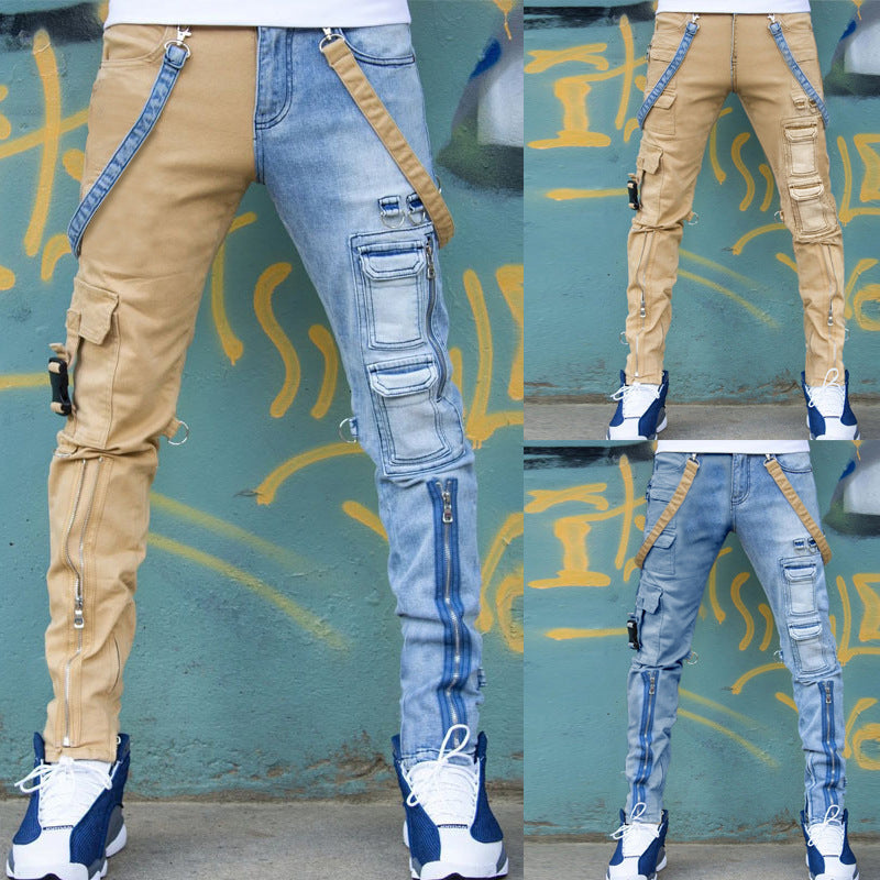 Color Block Wash Jeans Men's Trendy Brand Slim Straight-leg Pants - Clothing Personality