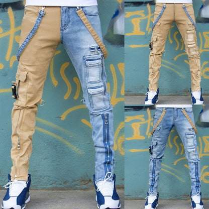 Color Block Wash Jeans Men's Trendy Brand Slim Straight-leg Pants - Clothing Personality