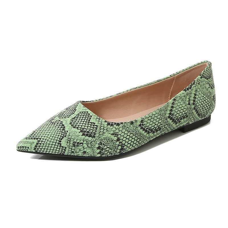 Multicolor Snake Print Pointed Toe Flat Shoes Women Soft Leather Soft Sole