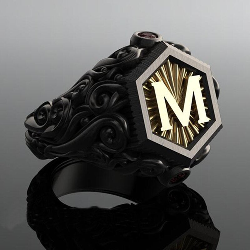 Classic Fashion Men's Bohemian Ring Black M Letter Stainless Steel Rings for Men Hip Steampunk Motorcycle Ring Men Wedding Jewelry