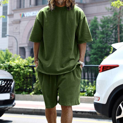 2pcs Loose Sports Shorts Set Suits Summer Round Neck Short Sleeve T-shirt And Drawstring Pockets Shorts Casual Solid Color Set Mens Clothing - Clothing Personality