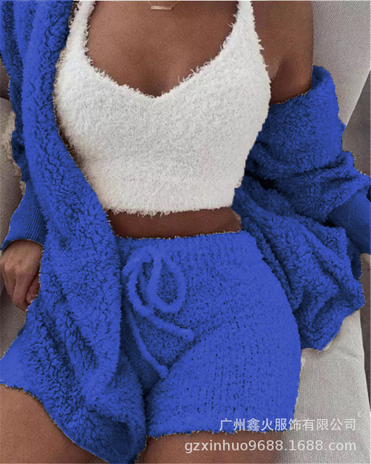 Women's Winter Plush Pajama Crop Top Shorts Set Casual Three-Piece Set 3-Pcs Pajamas Long Sleeved Shorts sports set