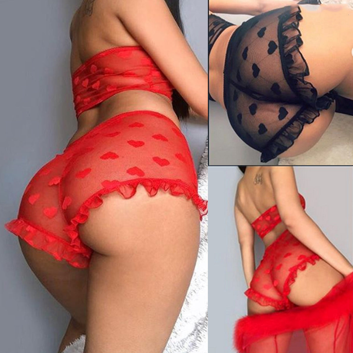 Women's Mesh Sheer Bra Set Underwear Women Sexy Lingerie Underwear Ruffle Lingerie Lace Mesh Sleepwear Nightwear Bra Briefs Set