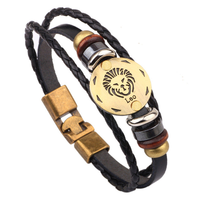 12 Horoscope Leather Bracelet Men Jewelry Vintage Retro Charm Bracelet Male Jewelry 8.2