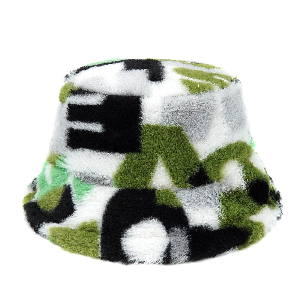 Colorful Unique Autumn Winter Camouflage Faux Fur Bucket Hats Fashion Warm Soft Velvet Fluffy Fisherman Hat Ladies Outdoor Panama