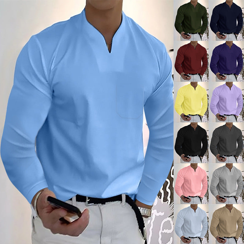 Men's New Autumn and Winter Solid Sports T-shirt Men's Long Sleeve Large V-Neck