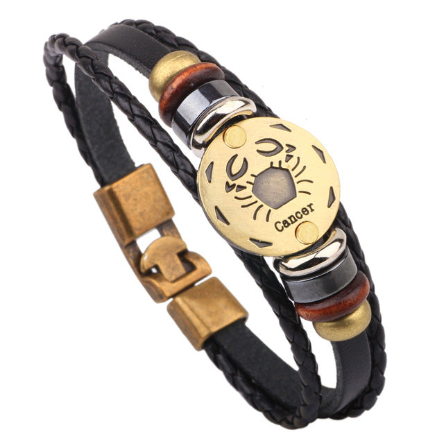 12 Horoscope Leather Bracelet Men Jewelry Vintage Retro Charm Bracelet Male Jewelry 8.2