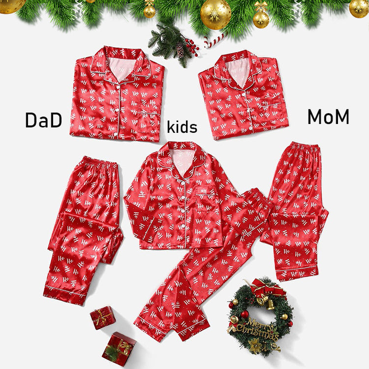 Christmas Family Wear Parent-Child Wear Solid Color Stripes Satin Simulation Silk Boys And Girls Pajamas Home Wear Set