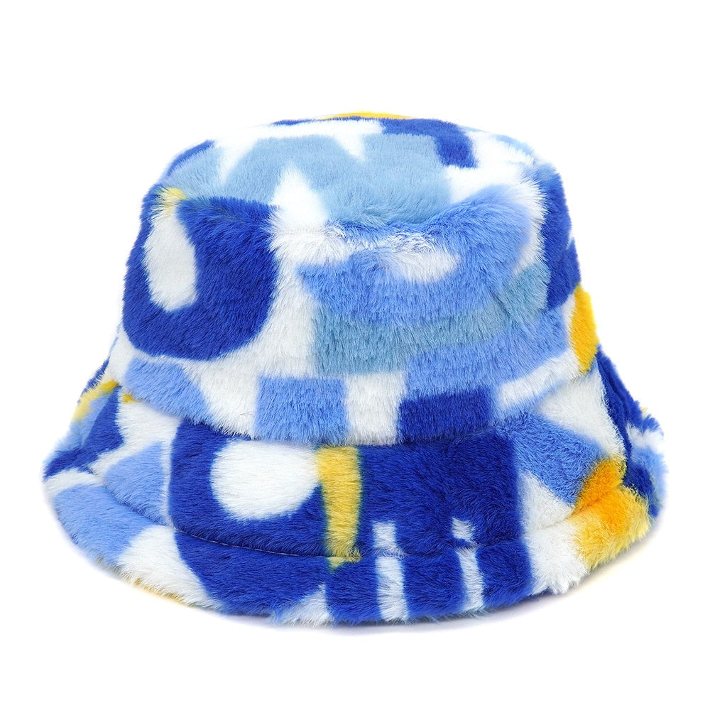 Colorful Unique Autumn Winter Camouflage Faux Fur Bucket Hats Fashion Warm Soft Velvet Fluffy Fisherman Hat Ladies Outdoor Panama