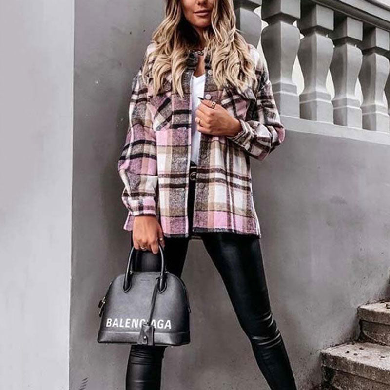 Autumn Long Plaid Shacket Women Shirt Jacket Coat Overshirt Winter Checkered Jacket Female Long Sleeve Shirt Jacket For Women