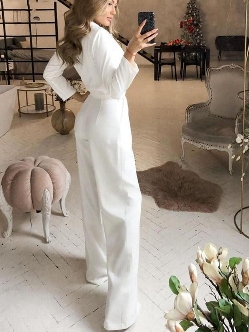 Women's Fall Long Sleeve Jumpsuit with Pockets Mid Waist Solid Color V Neck