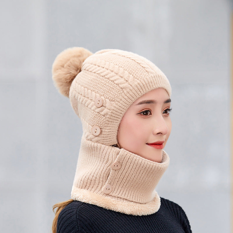 Winter Women's All in One Warm Hat Knitted Neck Scar Mask One Piece Hat Outdoor Cycling Plush Wool Hat