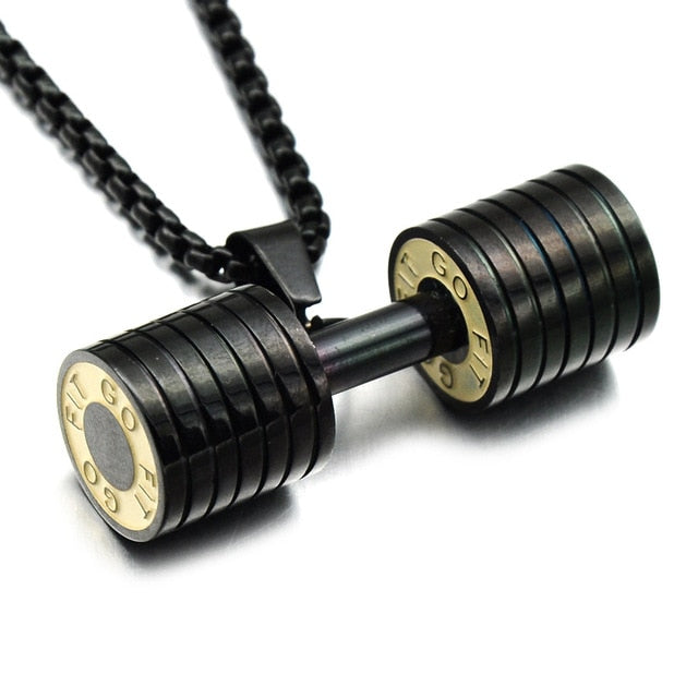 Men Women Unisex Gold Color Titanium Stainless Steel GO FIT Dumbbell Gym Fitness Barbell Pendant Necklace Sports Jewelry