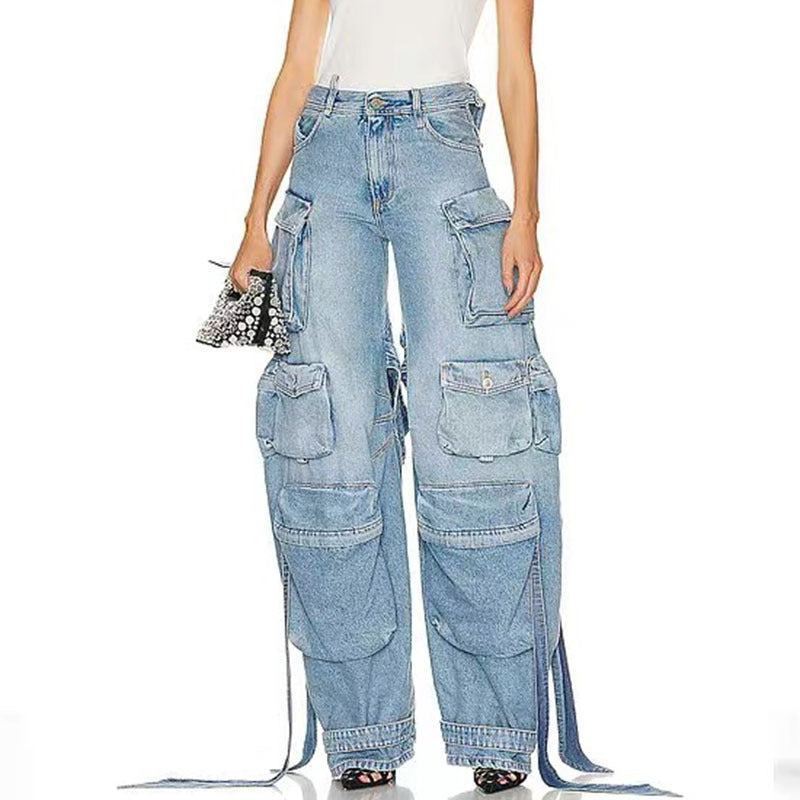 Women's Designer Cargo Denim Wide Leg Jeans Pants Decorative Straps Split Back Jeans