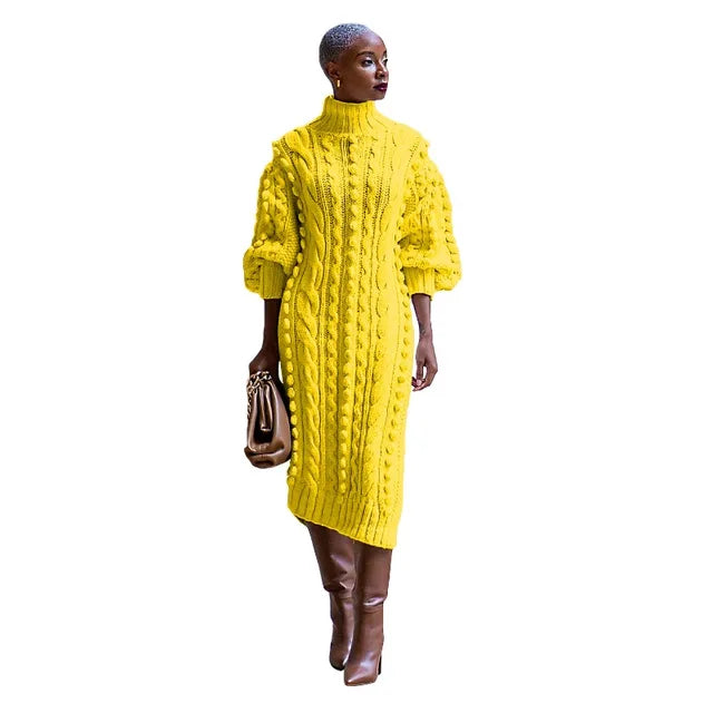 Women's Solid Color Yellow Braid Knitted Casual Long Dress Fall Autumn Winter Turtleneck Long Sleeve Side Split Fashion Sweater Dresses Streetwear