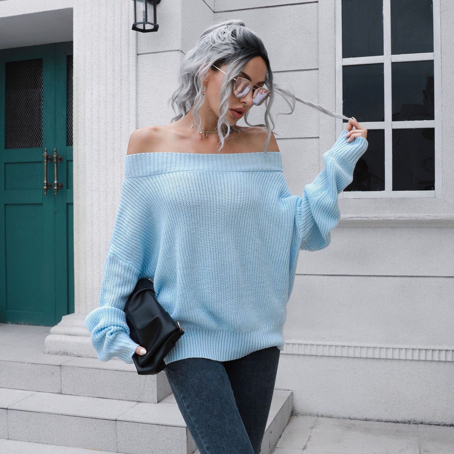 Women's Fall Winter Off Shoulder Knit Sweater Long Sleeve Loose Fit