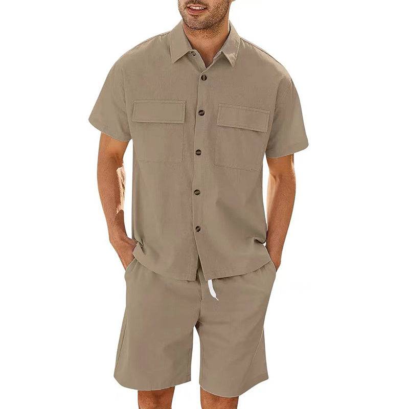 Summer Suits Men Short Sleeve Lapel Pockets Shirt And Drawstring Shorts Sports Fashion Leisure Men's Clothing - Clothing Personality