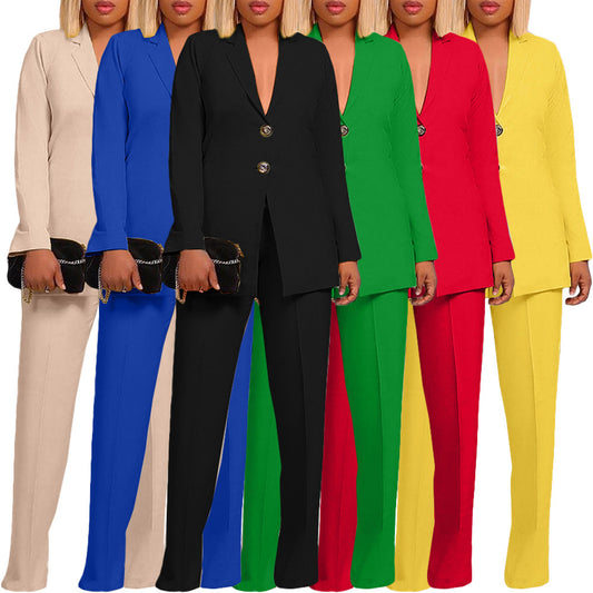 Women's Solid Color Suit Collar Two Button Two-piece  Pants Set Suit Business
