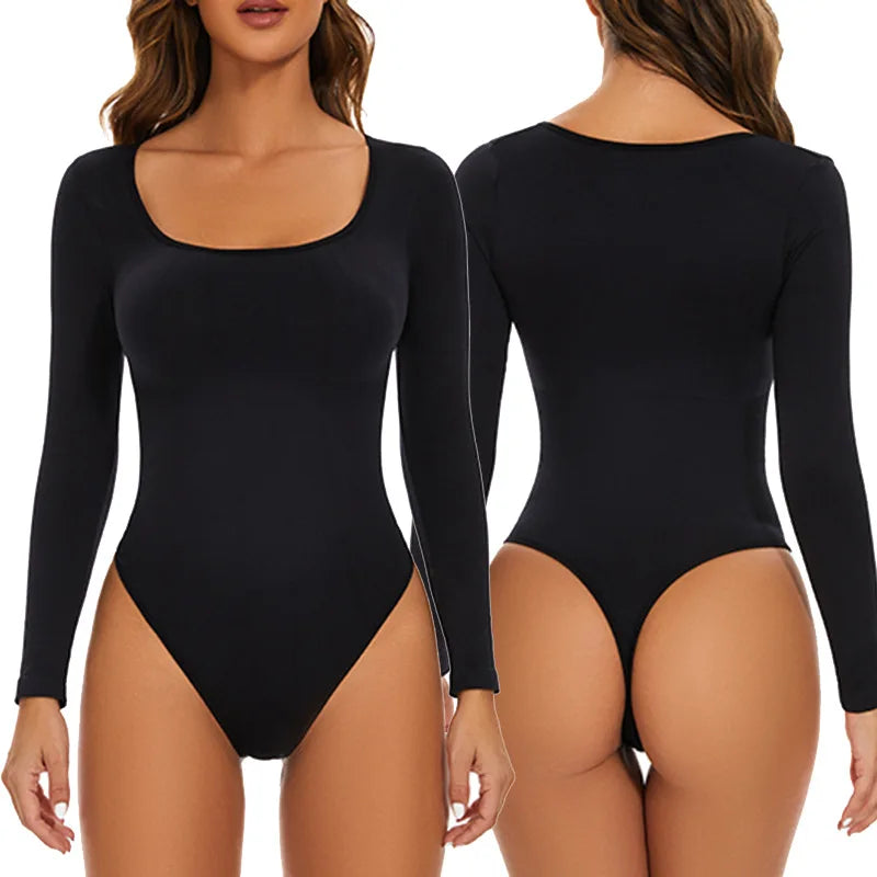 GUUDIA Spandex Elastic Body Suit Shapewear Women Body Shaper Tummy Control Long Sleeve Open Crotch Big U Neck Seamless Shapers