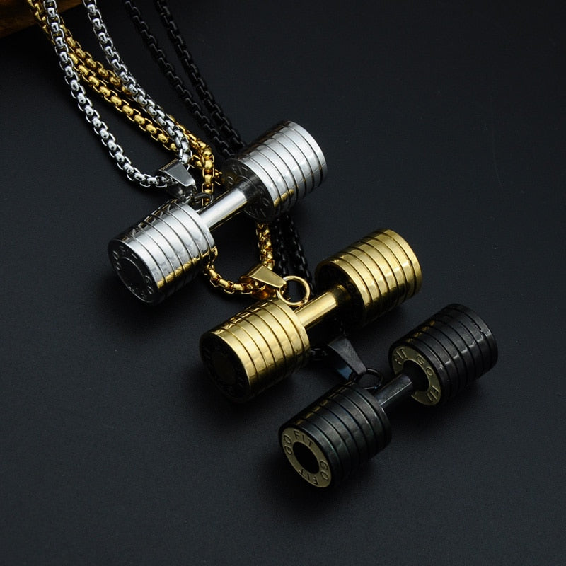 Men Women Unisex Gold Color Titanium Stainless Steel GO FIT Dumbbell Gym Fitness Barbell Pendant Necklace Sports Jewelry