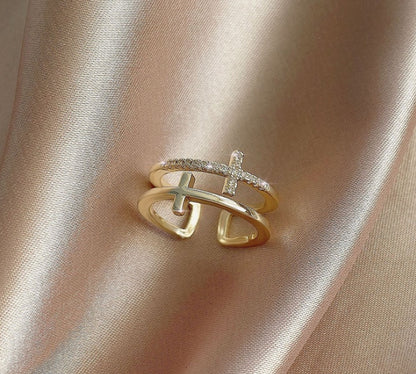 Double Cross Miniature Copper Inlaid Zircon Ring - Clothing Personality