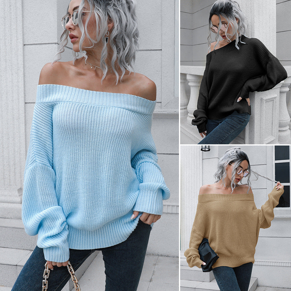 Women's Fall Winter Off Shoulder Knit Sweater Long Sleeve Loose Fit