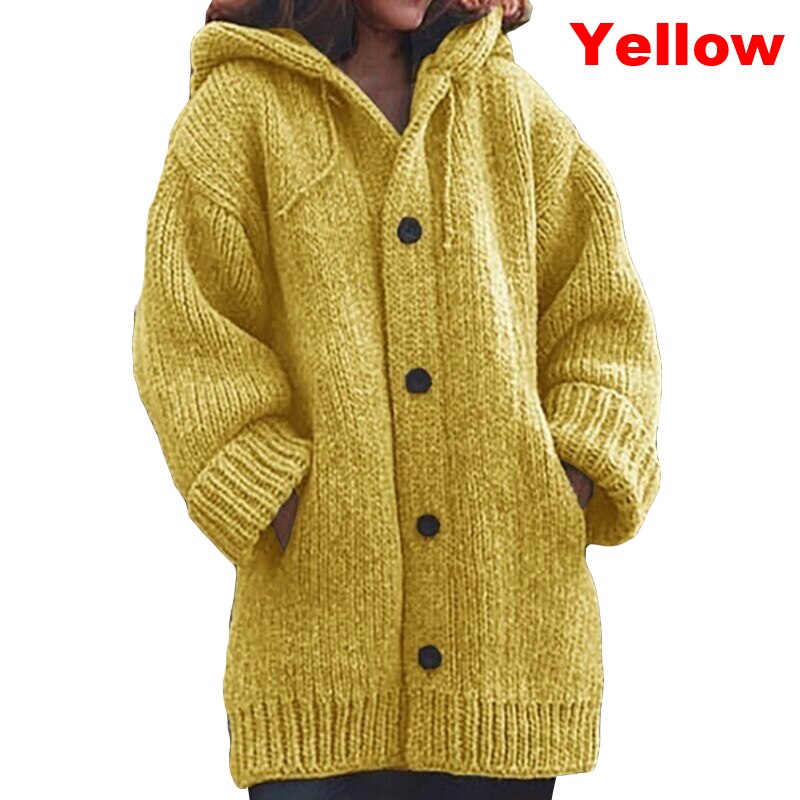 Winter Women Hooded Shacket Cardigan Casual Knit Hoodie Solid Button Knitted Sweater Coat Warm Long Sleeve Pocket Plus Size Female Knitwear Outwear