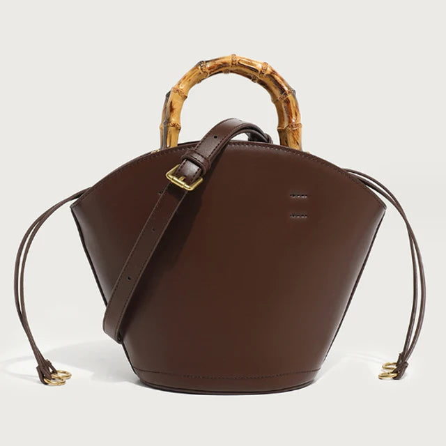 New design bucket bag fashion bamboo handle soft leather women bag single shoulder crossbody bag