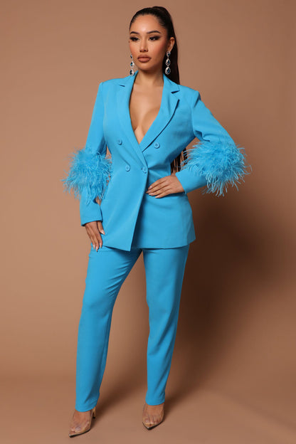 Women's Ostrich Fur Two-piece Lapel Pants Suit - Clothing Personality
