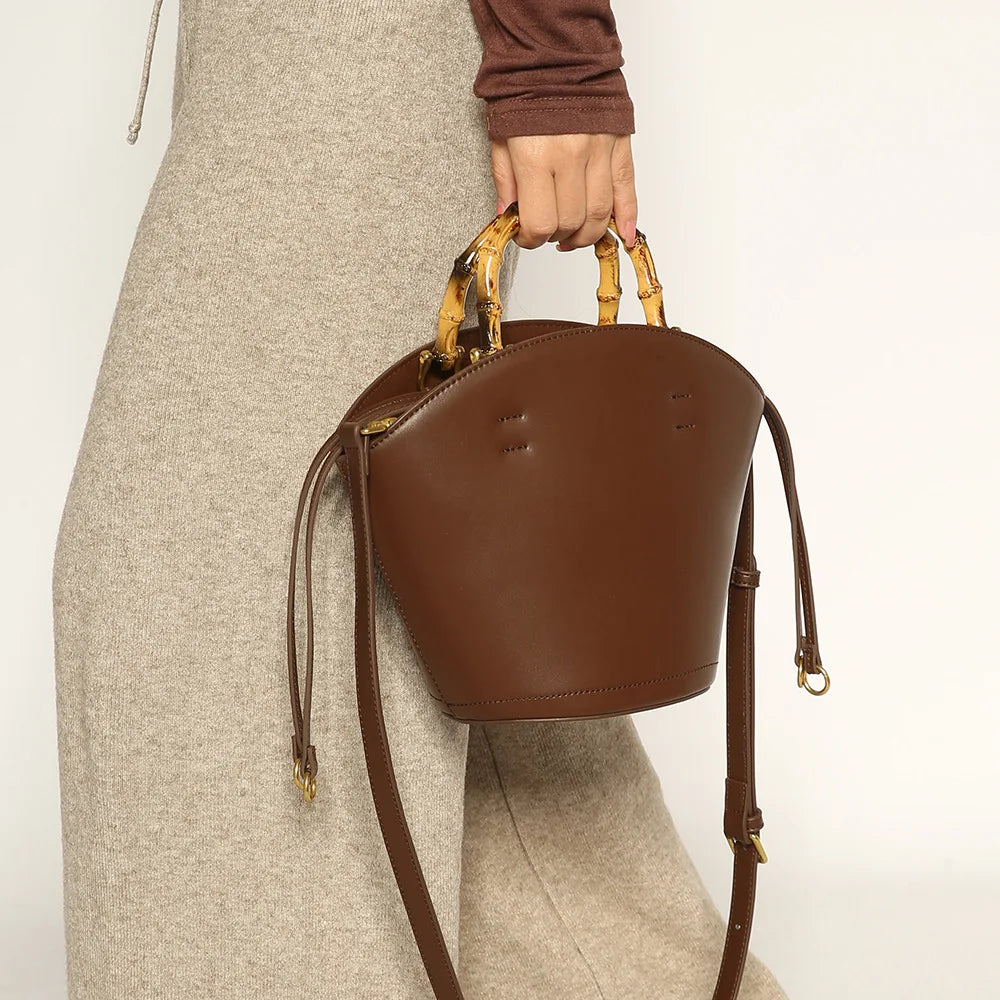 New design bucket bag fashion bamboo handle soft leather women bag single shoulder crossbody bag