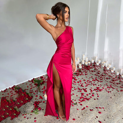 Sexy Red One-Shoulder Backless Slit Dress Summer Elegant Slim Fit Solid Color Satin Dresses For Women - Clothing Personality 