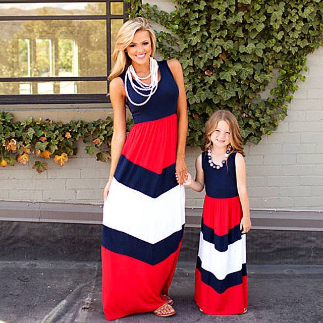 Women's and Child's Red Striped Sleeveless Maxi Dress Parent-Child Matching Outfit - Clothing Personality