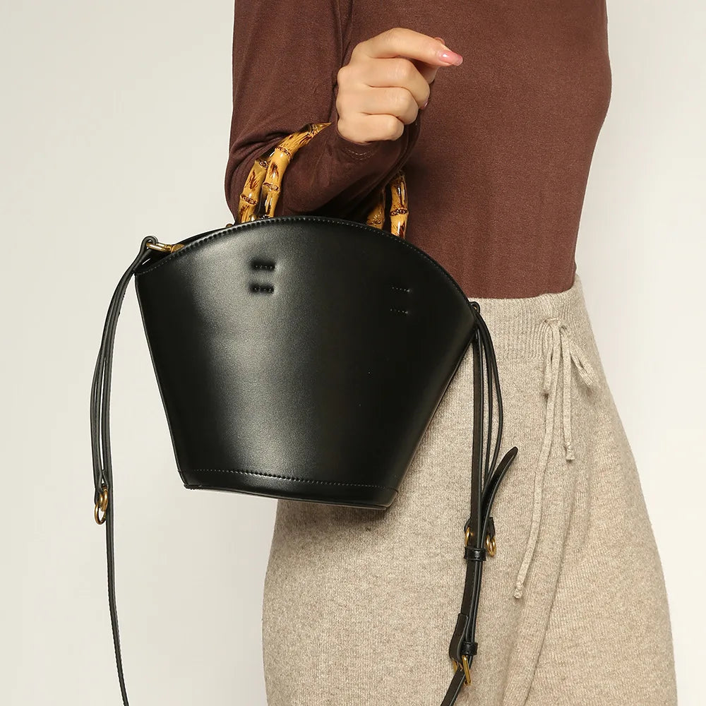 New design bucket bag fashion bamboo handle soft leather women bag single shoulder crossbody bag