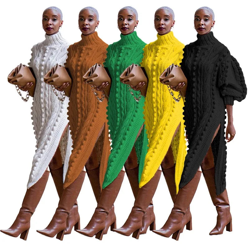 Women's Solid Color Braid Knitted Casual Long Dress Fall Autumn Winter Turtleneck Long Sleeve Side Split Fashion Sweater Dresses Streetwear