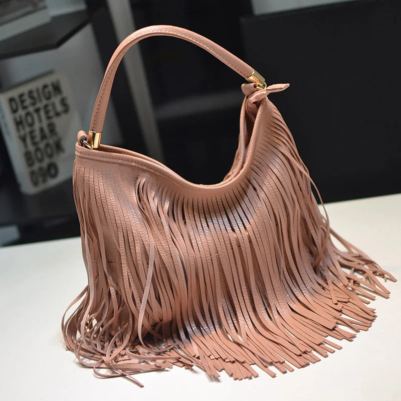 Womens Tassels Crossbody HandBag Solid Color Soft Leather Double Side Tassel Bag Women's Bag single Shoulder Cross Arm bag