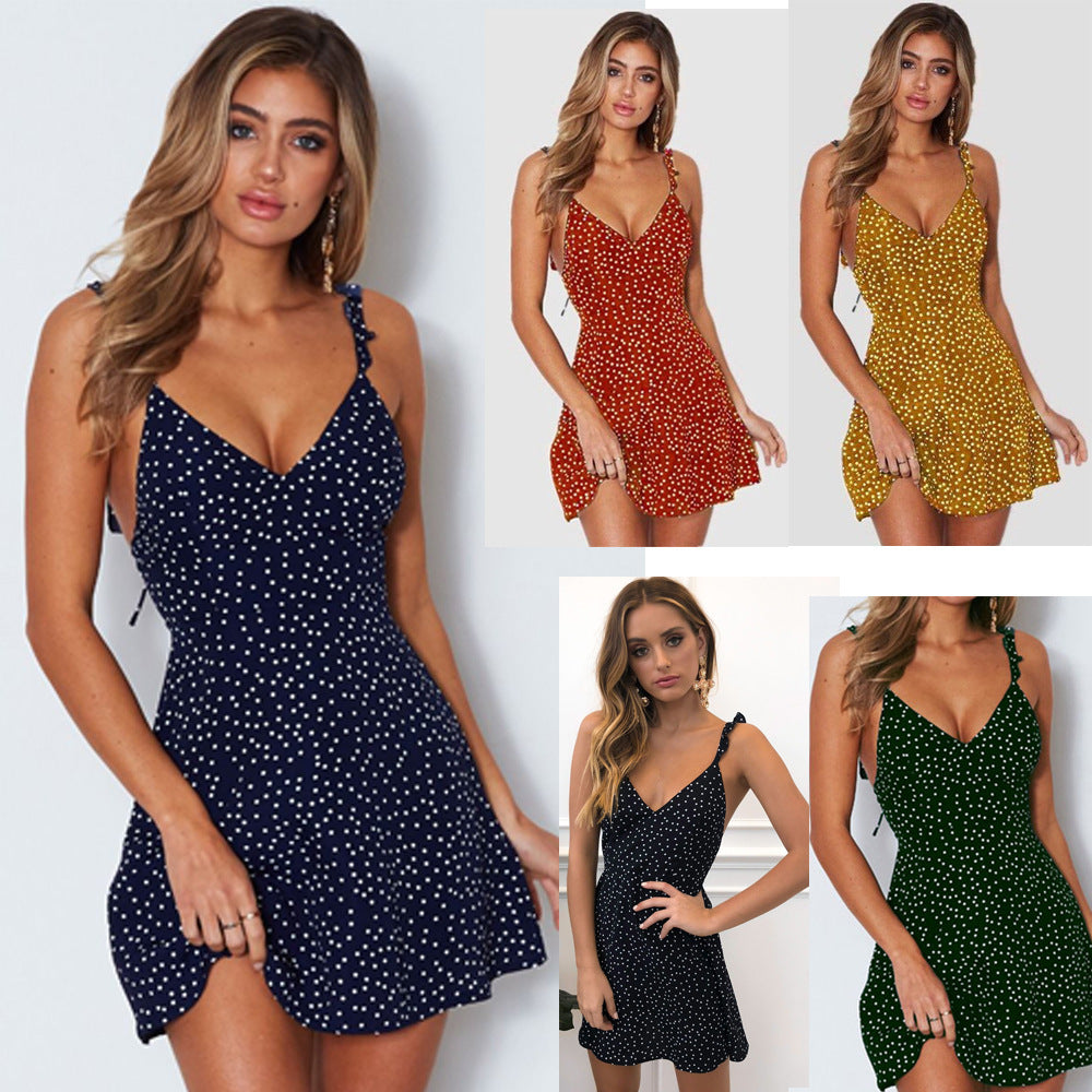 Polka-dot Strappy Dress Women Summer Fashion Beach Sundress - Clothing Personality 