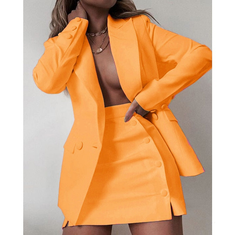 Women's Professional Work Blazer Mini Skirt Solid Color Bold Suit Short Skirt Two-piece Set